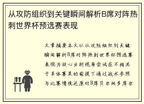 从攻防组织到关键瞬间解析B席对阵热刺世界杯预选赛表现
